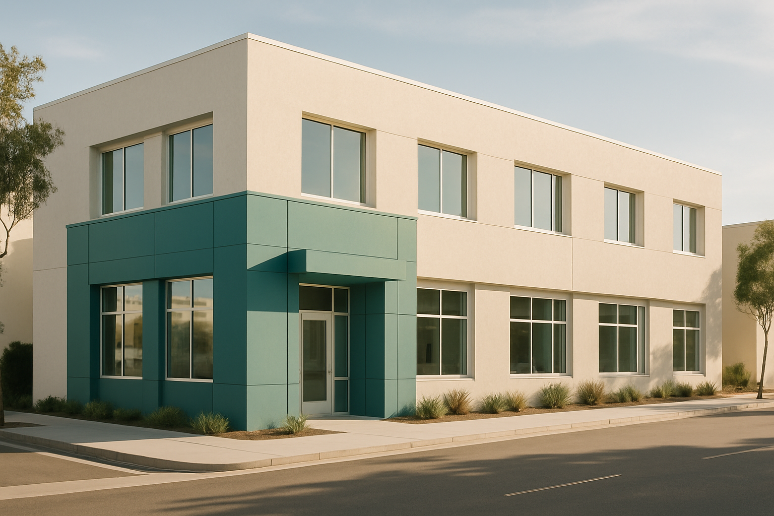 San Diego, San Diego County — EXTERIOR ARCHITECTURAL PHOTO of the building from street level, no people, late afternoon
