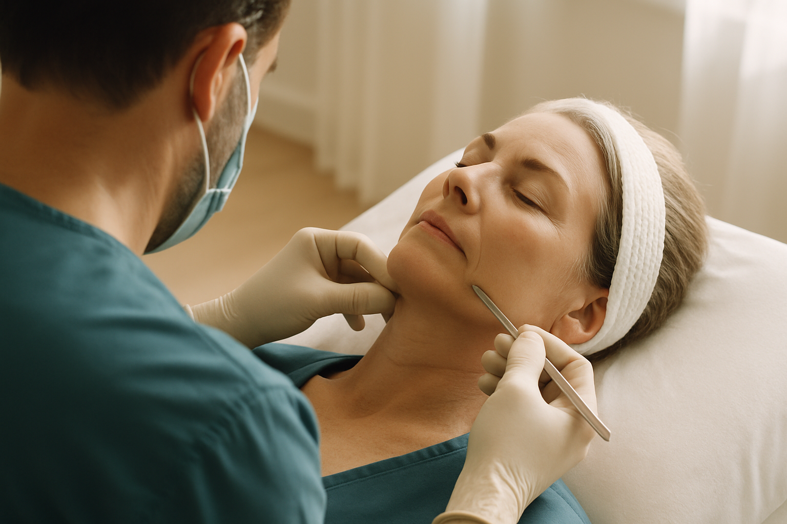 Facelift — OVER-THE-SHOULDER perspective watching the practitioner work, soft natural light